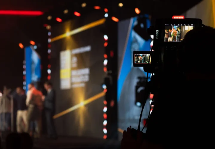 A behind the scenes look showing the stage of our video production in Oxfordshire with the camera view finder in shot